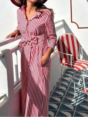 NEW SOLD OUT w/tags Viagallo Red&White Striped Tie-Waist Shirt Dress. Size 42